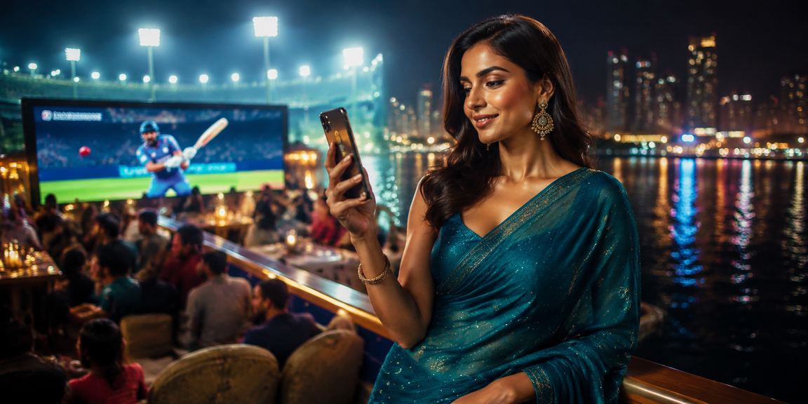 Indian woman playing casino games online with cricket background